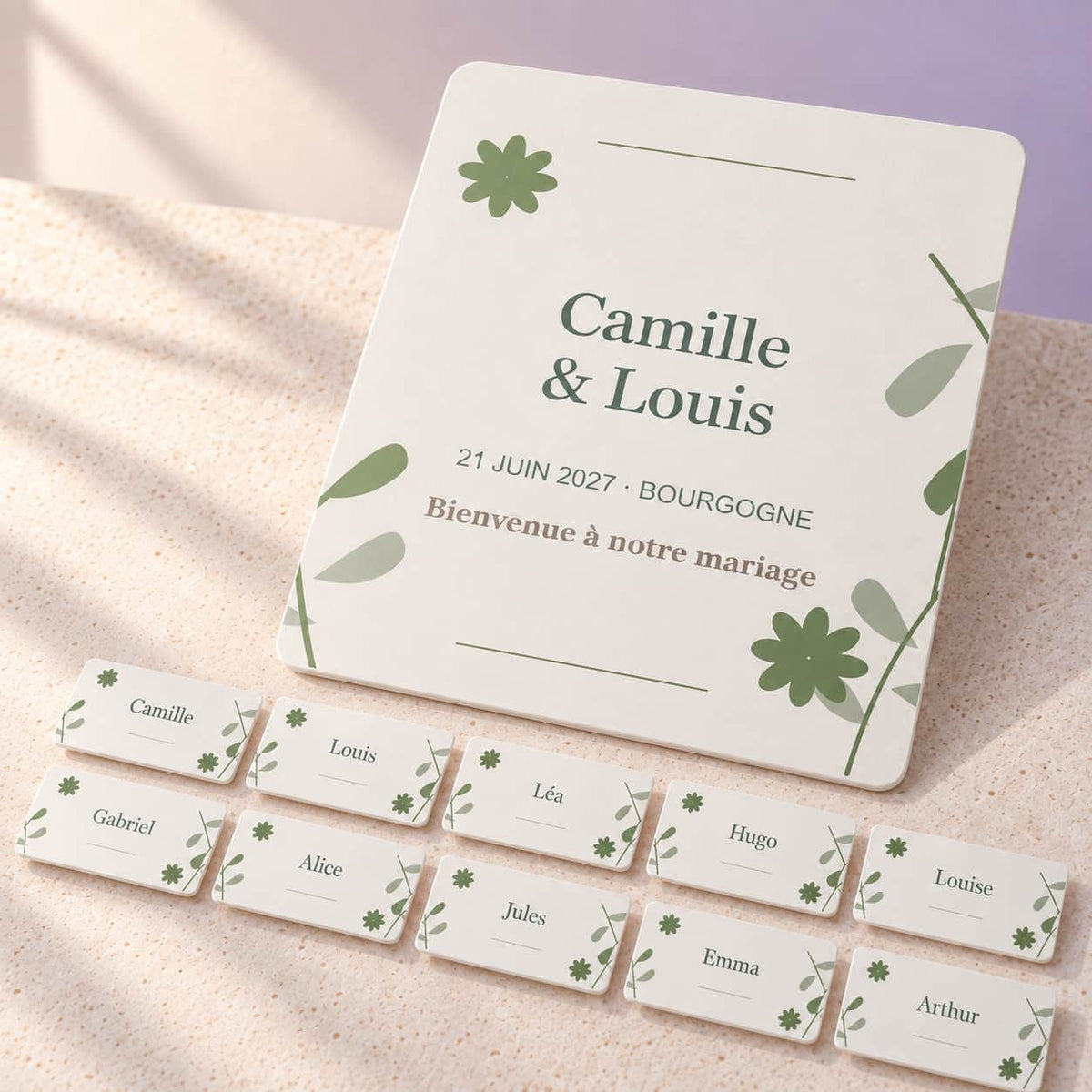 Simulation Collection mariage personnalisée — L’oliveraie · Essentiel · Blanc, détail