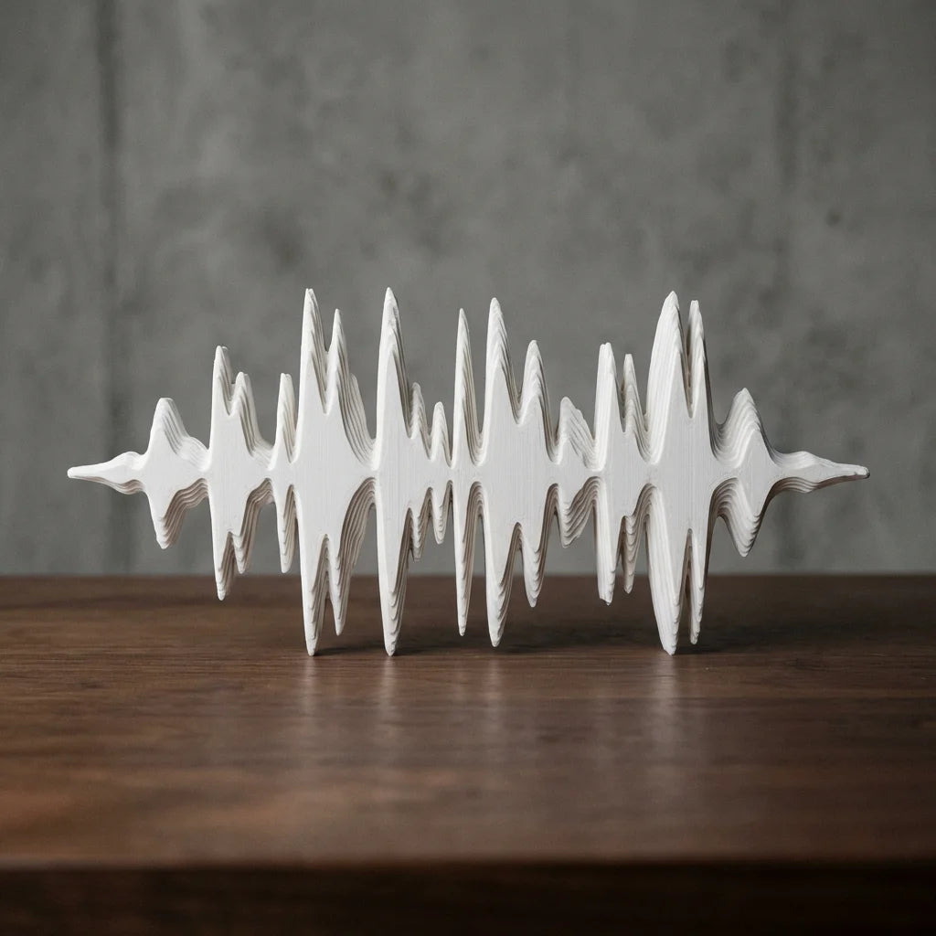 Sculpture 3D imprimée en forme d'onde sonore, de couleur blanche, posée sur une table en bois devant un mur gris béton.