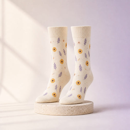Simulation Chaussettes personnalisées — motifs historiques, vue d’ensemble, ambiance crème et lilas