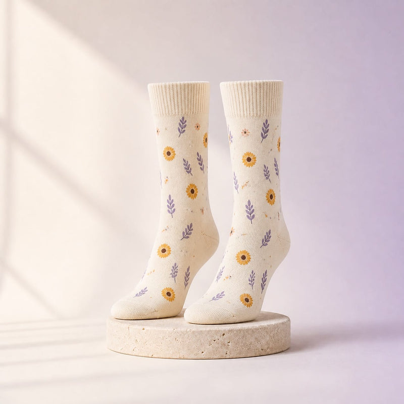 Paire de chaussettes personnalisées présentée sur un fond studio crème et lilas