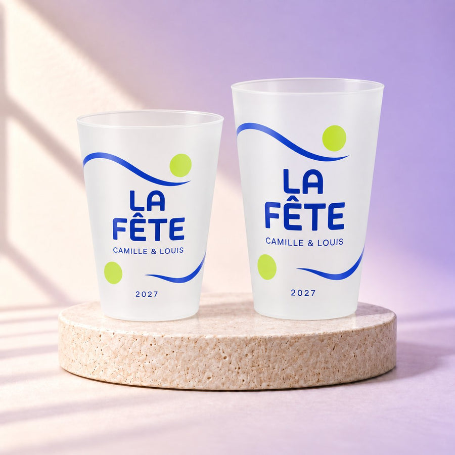 Simulation — Festa300 et500ml givrés personnalisés La Fête, fond ivoire et lavande