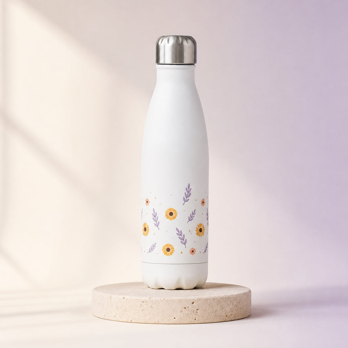 Gourde blanche personnalisée de petits tournesols et feuillages violets