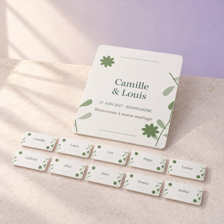 Simulation Collection mariage personnalisée — L’oliveraie · Essentiel · Blanc, vue d’ensemble, ambiance crème et lilas