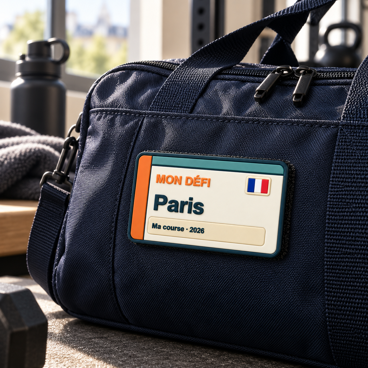 Simulation du patch PVC Velcro Mon défi blanc fixé sur un sac de sport