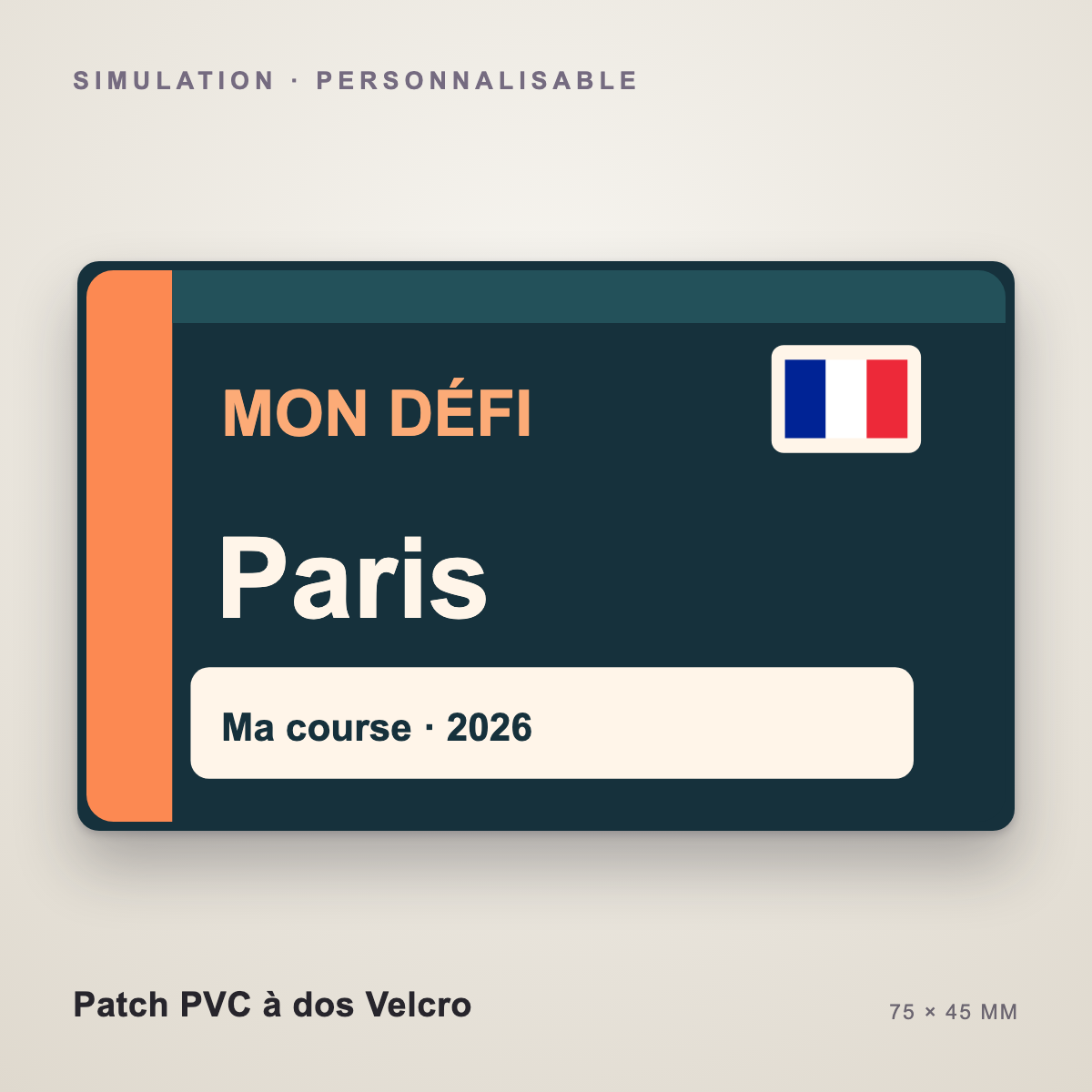 Simulation du patch PVC Velcro Mon défi personnalisé, Paris et drapeau français