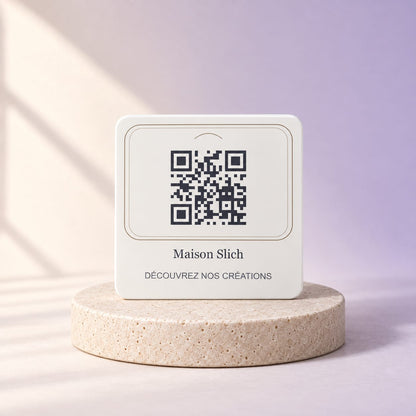 Simulation Signalétique QR / NFC professionnelle — Comptoir · 10 × 10 cm · QR code · Blanc, vue d’ensemble