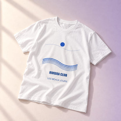 Simulation T-shirt événementiel personnalisé — Riviera club · M · Blanc · Grand format, angle complémentaire