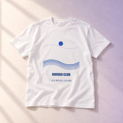 Simulation T-shirt événementiel personnalisé — Riviera club · M · Blanc · Grand format, vue d’ensemble