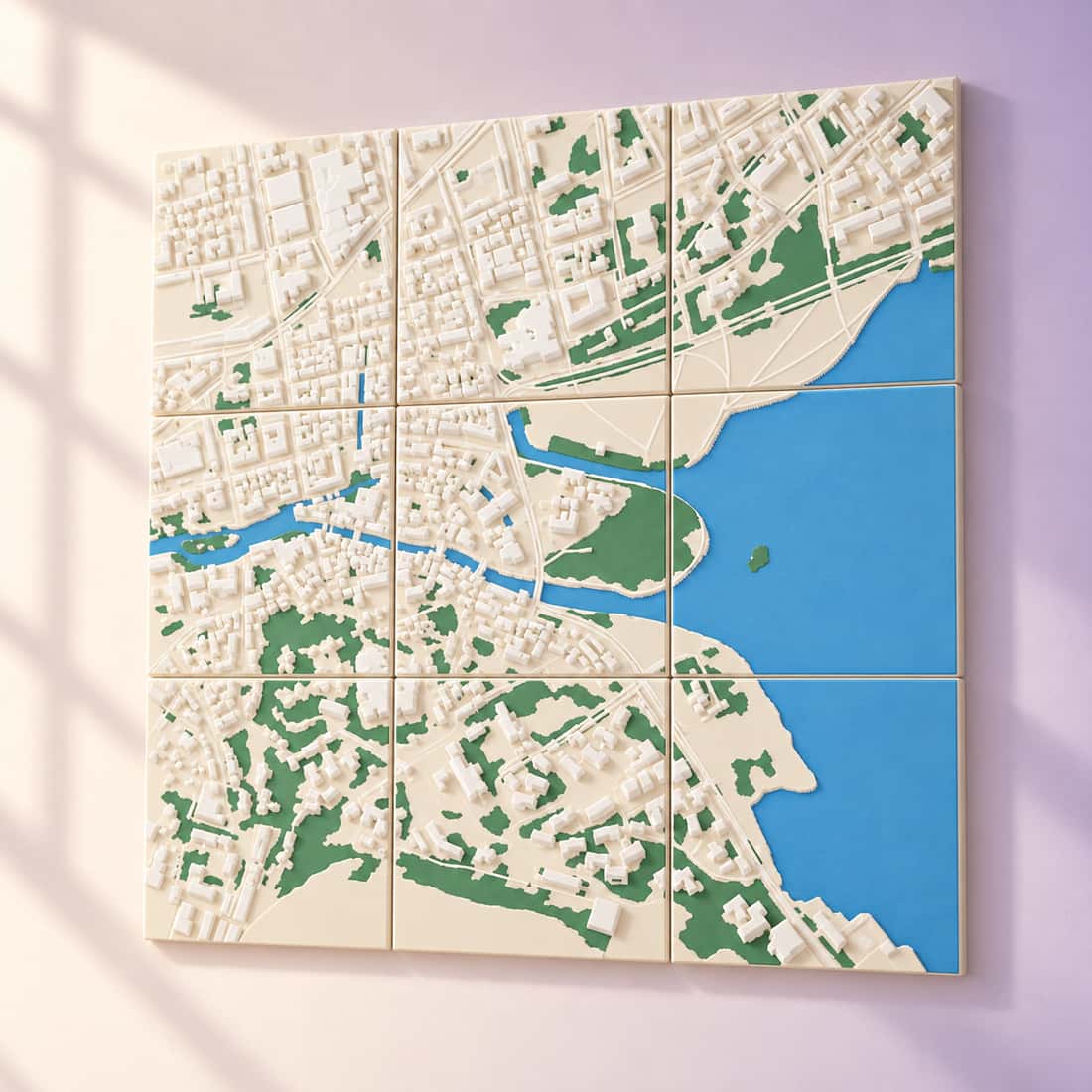 Simulation illustrative — mur de cartes en relief, neuf modules carrés — Slich