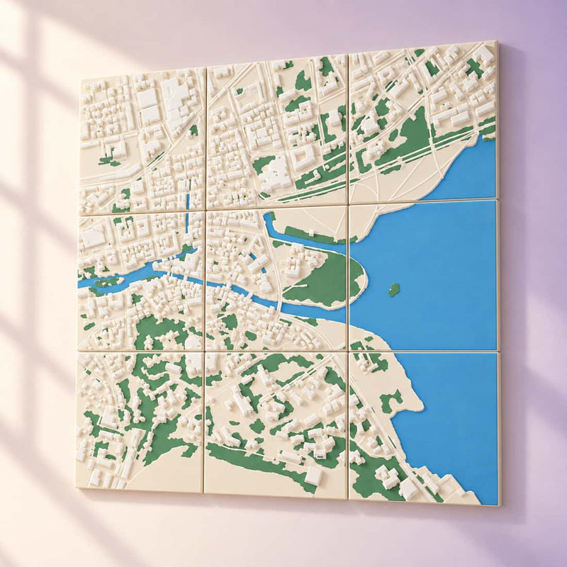 Simulation illustrative — mur de cartes en relief, neuf modules carrés — Slich