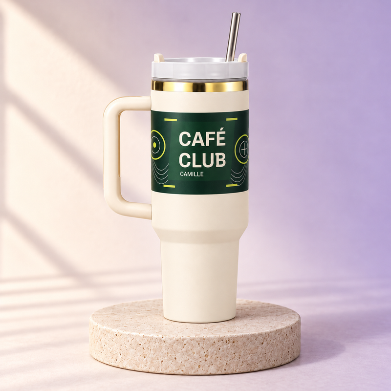 Simulation Tumbler xTool personnalisé 1,18 L — Blanc crème — Café Club Camille, sur socle en pierre et fond ivoire lavande